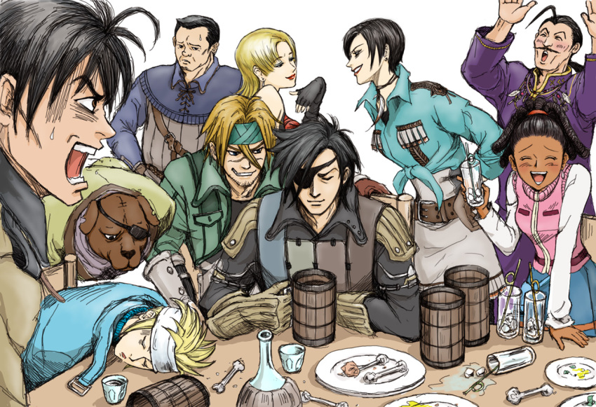 ace_(suikoden), aila_(suikoden), armor, belt, black_hair, blonde_hair, blush, braid, brown_hair, character_request, closed_eyes, cup, dark_skin, dreadlocks, earrings, elaine_(suikoden), eyepatch, eyeshadow, geddoe_(suikoden), gensou_suikoden, gensou_suikoden_iii, headband, jacques_(suikoden), jewelry, joker_(suikoden), lipstick, long_hair, makeup, miniskirt, mug, open_mouth, orange_hair, plate, queen_(suikoden), scar, short_hair, sitting, skirt, table, yama_(pixiv1271496)