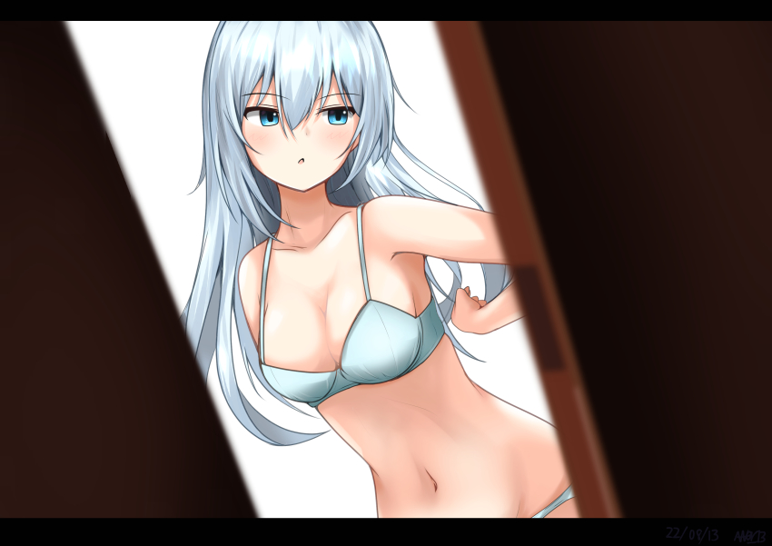 1girl, abataa, absurdres, blue_bra, blue_eyes, blue_panties, bra, breasts