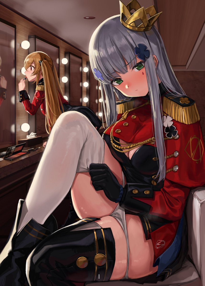 2girls, 404_logo_(girls'_frontline), applying_makeup, black_skirt, blunt_bangs, breasts, brown_hair, cleavage, crown, epaulettes, facial_mark, facing_to_the_side, girls'_frontline, green_eyes, hair_ornament, highres, hk416_(girls'_frontline), hk416_(percussive_bolero)_(girls'_frontline), knees_up, kuro_(zhurunbo1997), leaning_forward, makeup, mini_crown, mirror, multiple_girls, panties, panty_pull, sitting, skirt, tattoo, teardrop, teardrop_facial_mark, teardrop_tattoo, thighhighs, thighhighs_pull, tilted_headwear, twintails, ump9_(bolero_dance_bird)_(girls'_frontline), ump9_(girls'_frontline), underwear, white_hair, white_thighhighs