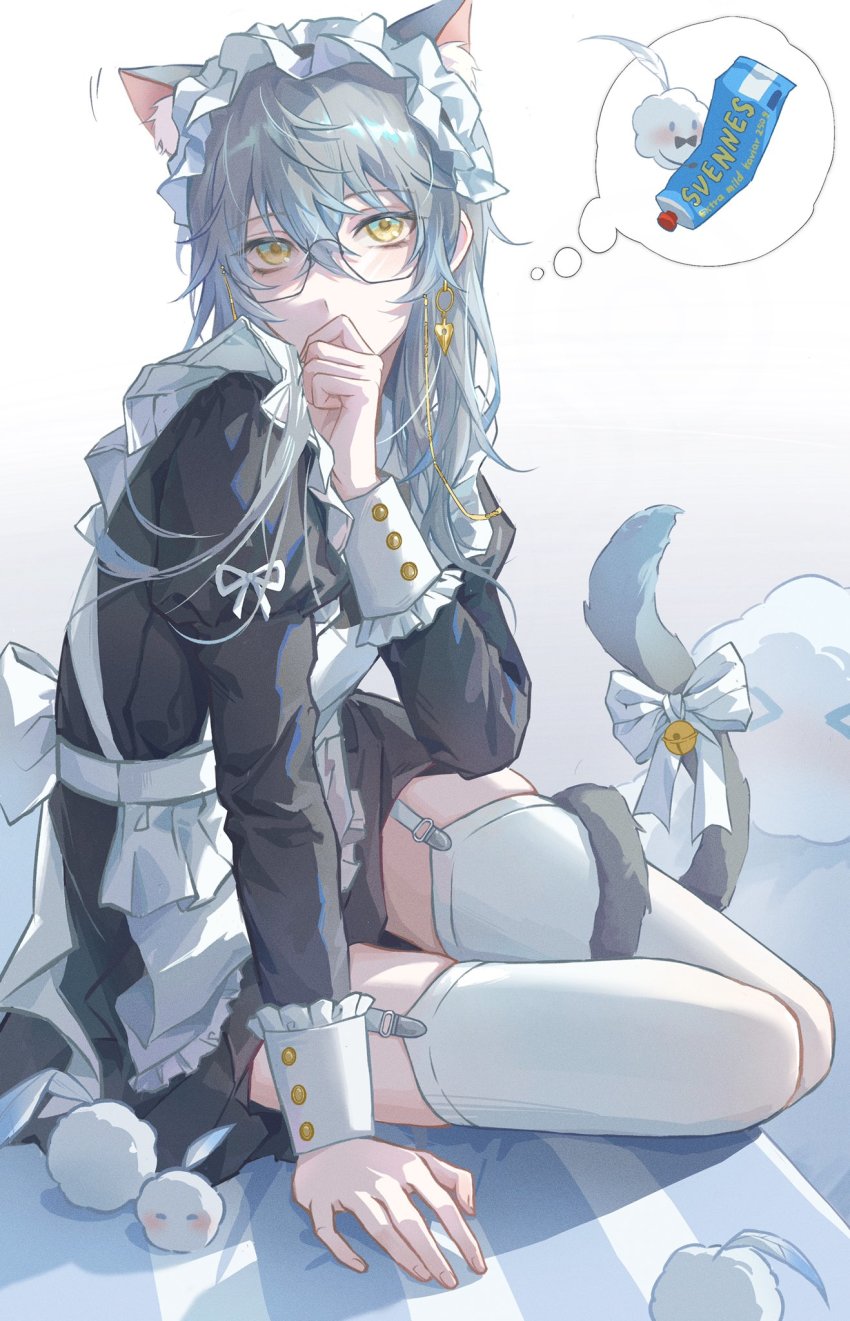 1girl, alternate_costume, animal_ear_fluff, animal_ears, apron, arm_support, bell, black_dress