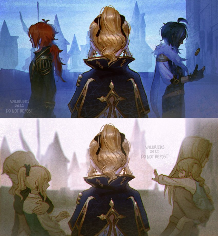 3boys, 3girls, absurdres, ahoge, barbara_(genshin_impact), black_coat, black_gloves, black_hair, blonde_hair, blue_cape, cape, coat, coin, commentary, dark-skinned_male, dark_skin, diluc_(genshin_impact), earrings, english_commentary, frederica_gunnhildr, genshin_impact, gloves, highres, jean_(genshin_impact), jewelry, kaeya_(genshin_impact), long_hair, multiple_boys, multiple_girls, ponytail, red_hair, seamus_pegg, twintails, valerieks