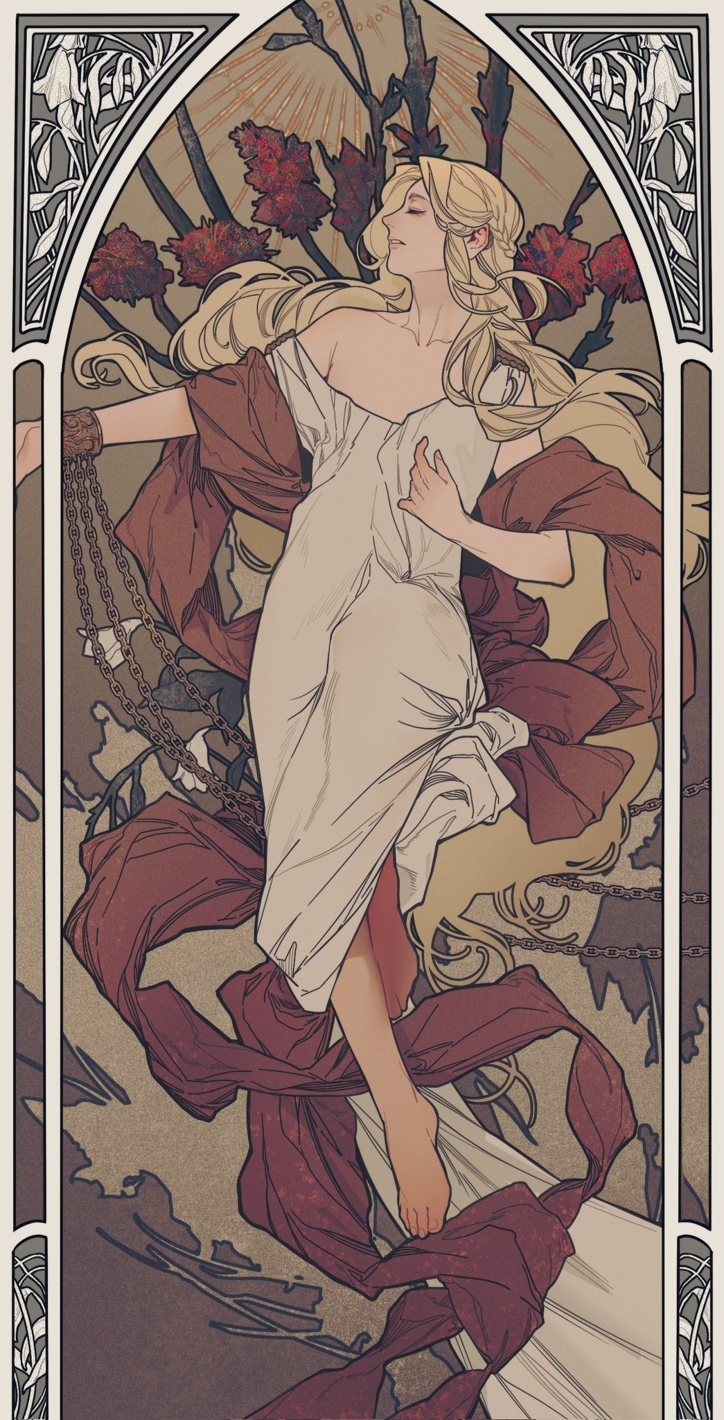 1boy, art_nouveau, barefoot, blonde_hair, border, braid, branch, chain