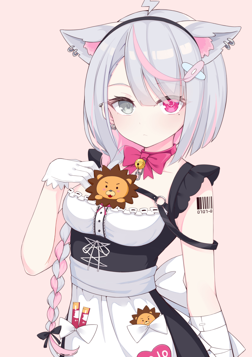 1girl, absurdres, ahoge, android, animal_ears, barcode, barcode_tattoo, blush, braid, breasts, chachan_zhai, frills, hairband, heterochromia, highres, indie_virtual_youtuber, lolo_(vtuber), long_hair, maid, multicolored_hair, pink_hair, solo, tail, tattoo, two-tone_hair, virtual_youtuber
