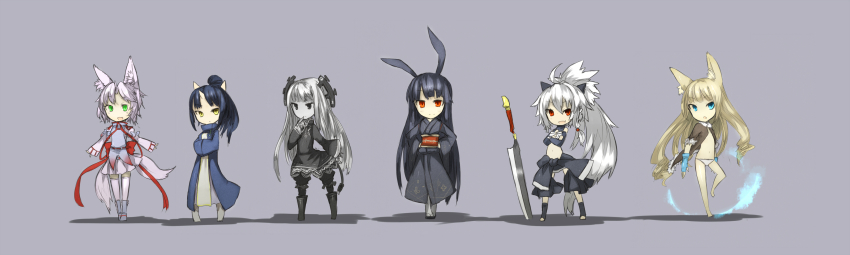 6+girls, absurdres, animal_ears, bad_id, bad_pixiv_id, blue_eyes, borrowed_character, rabbit_ears, chibi, fox_ears, ganesagi, gloves, green_eyes, highres, horns, japanese_clothes, kimono, long_hair, long_image, multiple_girls, multiple_tails, original, red_eyes, shiroko_(reku), shiroko_reku, sword, tail, thighhighs, tsukimi_(yukinagi), very_long_hair, weapon, white_hair, wide_image, zettai_ryouiki