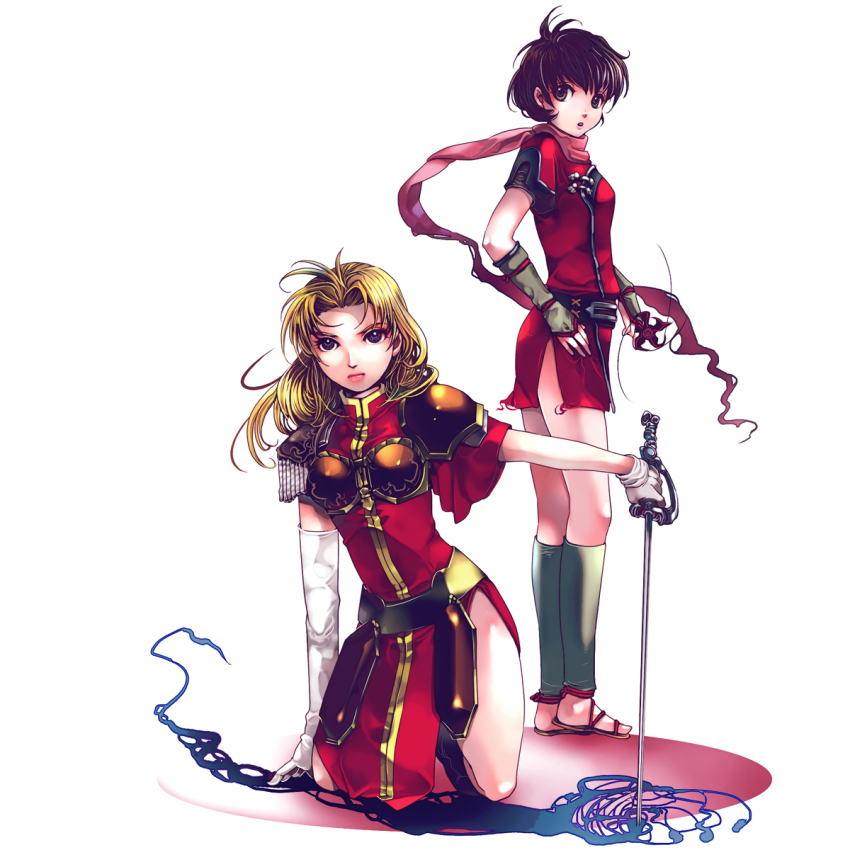 2girls, angorilla, armor, bad_id, bad_pixiv_id, black_eyes, black_hair, blonde_hair, bridal_gauntlets, female_focus, gensou_suikoden, gensou_suikoden_i, gensou_suikoden_ii, gloves, highres, kasumi_(suikoden), kneeling, long_hair, multiple_girls, ninja, open_mouth, purple_eyes, sandals, scarf, short_hair, sword, valeria_(suikoden), weapon