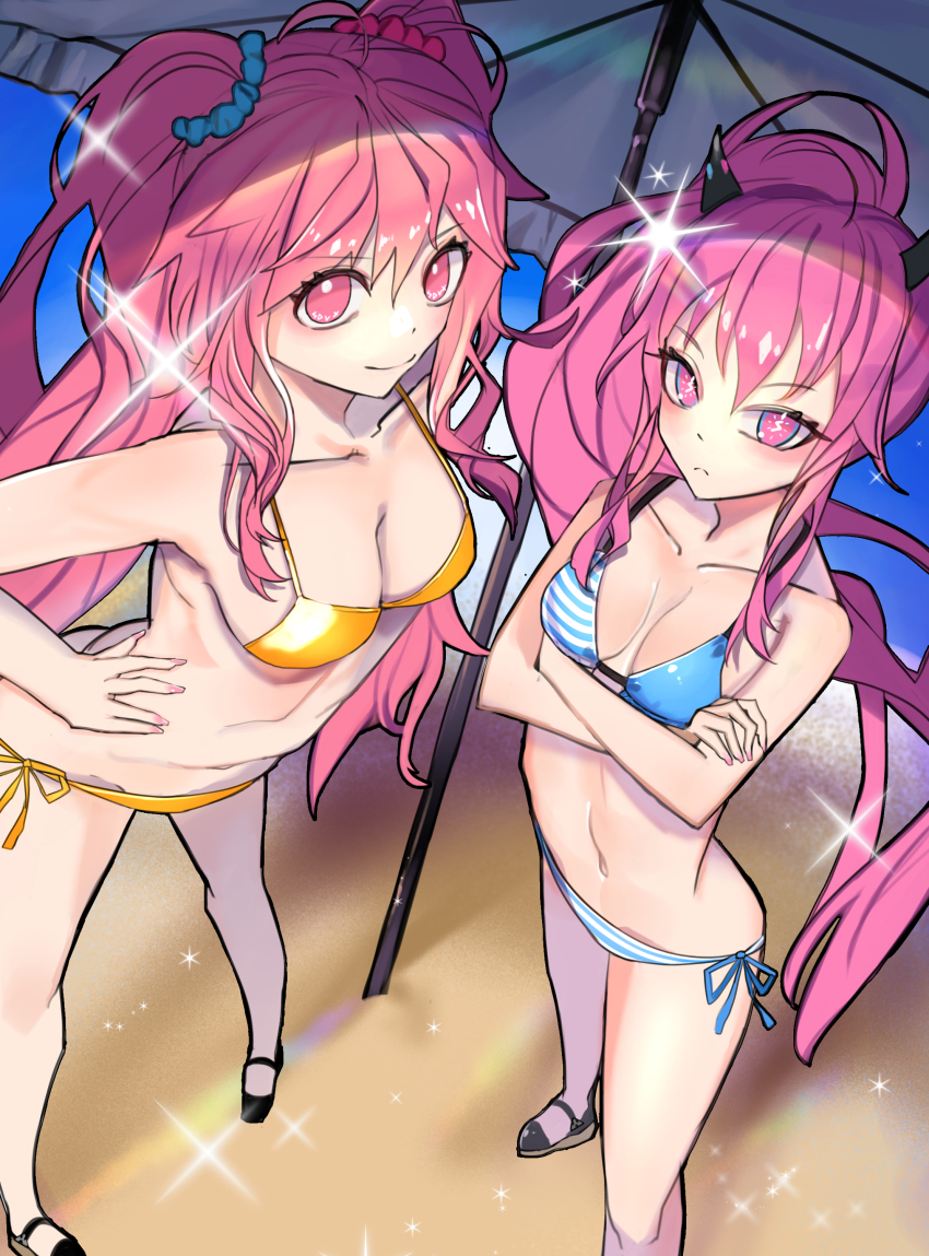 2girls, absurdres, bemani, bikini, breasts, fake_horns, gokuama, grace_(sound_voltex), highres, horns, large_breasts, multiple_girls, pink_eyes, pink_hair, ponytail, rasis, siblings, side-tie_bikini_bottom, sisters, small_breasts, sound_voltex, striped_bikini, striped_clothes, swimsuit, twintails, yellow_bikini