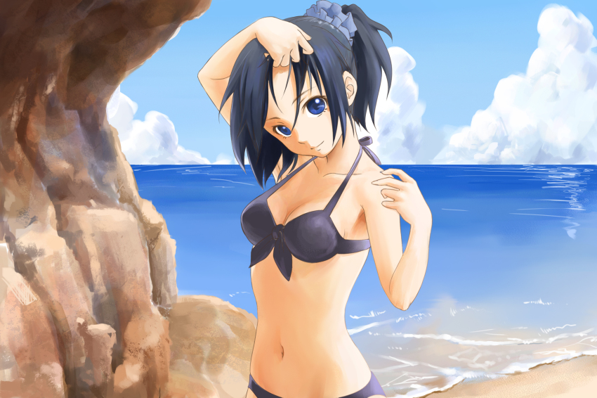 1girl, bad_id, bad_pixiv_id, bikini, black_bikini, black_hair, blue_eyes, cloud, day, female_focus, highres, komeimax, navel, original, ponytail, smile, solo, swimsuit, water