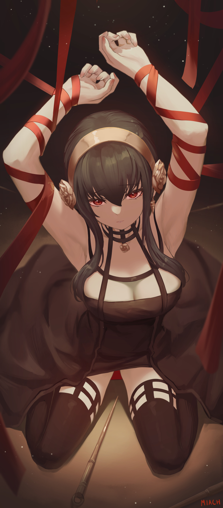 1girl, armpits, arms_up, black_dress, black_hair, bound, breasts, cleavage