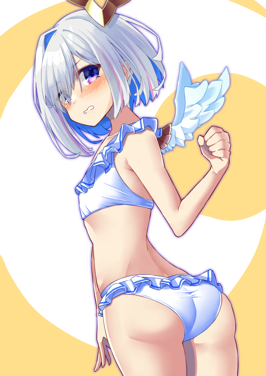 1girl, absurdres, amane_kanata, angel_wings, ass, bikini, blue_hair, blush, clenched_hand, colored_inner_hair, feathered_wings, flat_chest, grey_hair, highres, hololive, kisara_mikami, looking_back, multicolored_hair, purple_eyes, short_hair, solo, swimsuit, tears, virtual_youtuber, wings