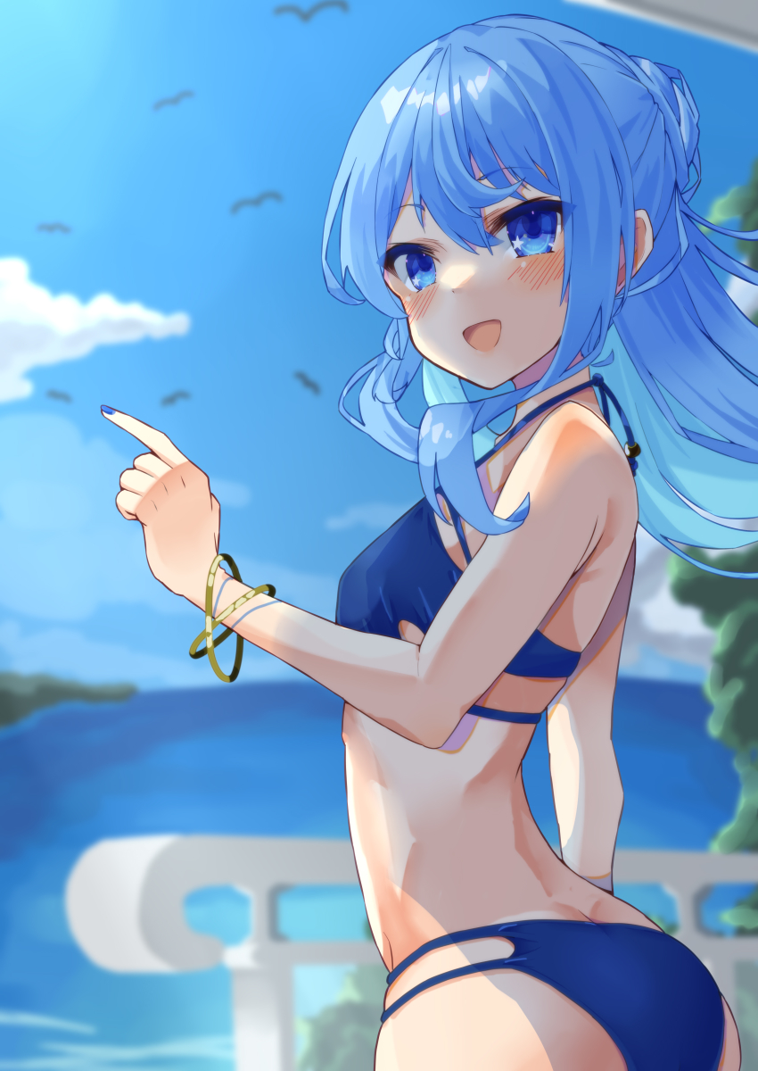 1girl, :d, absurdres, bangle, bare_shoulders, bikini, bird, blue_hair