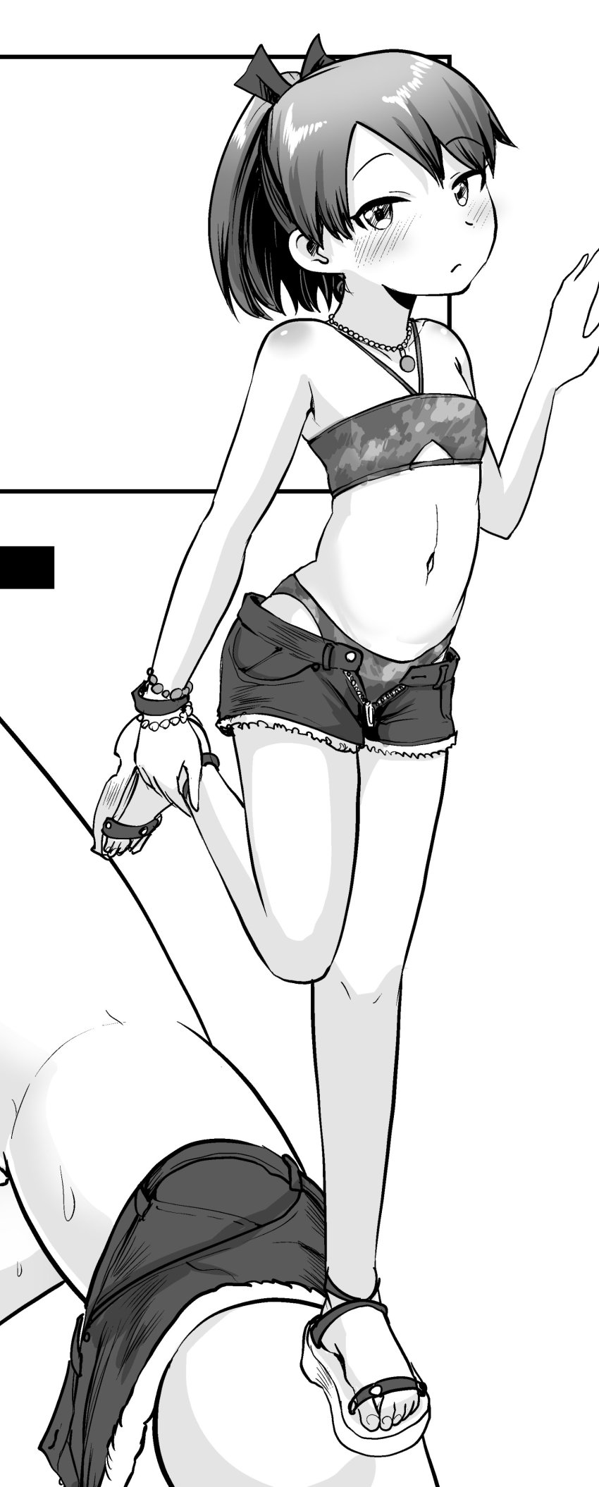 1girl, absurdres, bikini, bracelet, commentary_request, cosplay, cutoffs, denim, denim_shorts, flat_chest, full_body, grecale_(kancolle), grecale_(kancolle)_(cosplay), grecale_(swimsuit)_(kancolle), greyscale, halterneck, highres, jewelry, kantai_collection, looking_at_viewer, monochrome, necklace, ponytail, sandals, shikinami_(kancolle), short_hair, shorts, solo, standing, swimsuit, yonemiya_inaho