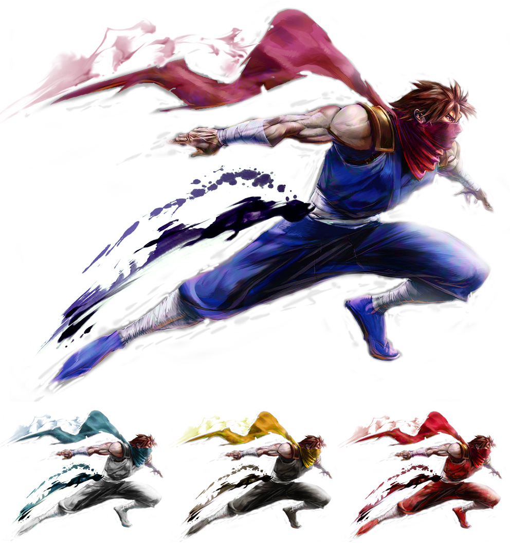 4boys, alternate_color, alternate_costume, capcom, clone, cosplay, crossover, derivative_work, guy_(final_fight), kaiwai, manly, multiple_boys, ninja, running, scarf, street_fighter, street_fighter_iv_(series), strider_(game), strider_hiryuu, strider_hiryuu_(cosplay), third-party_edit, white_background