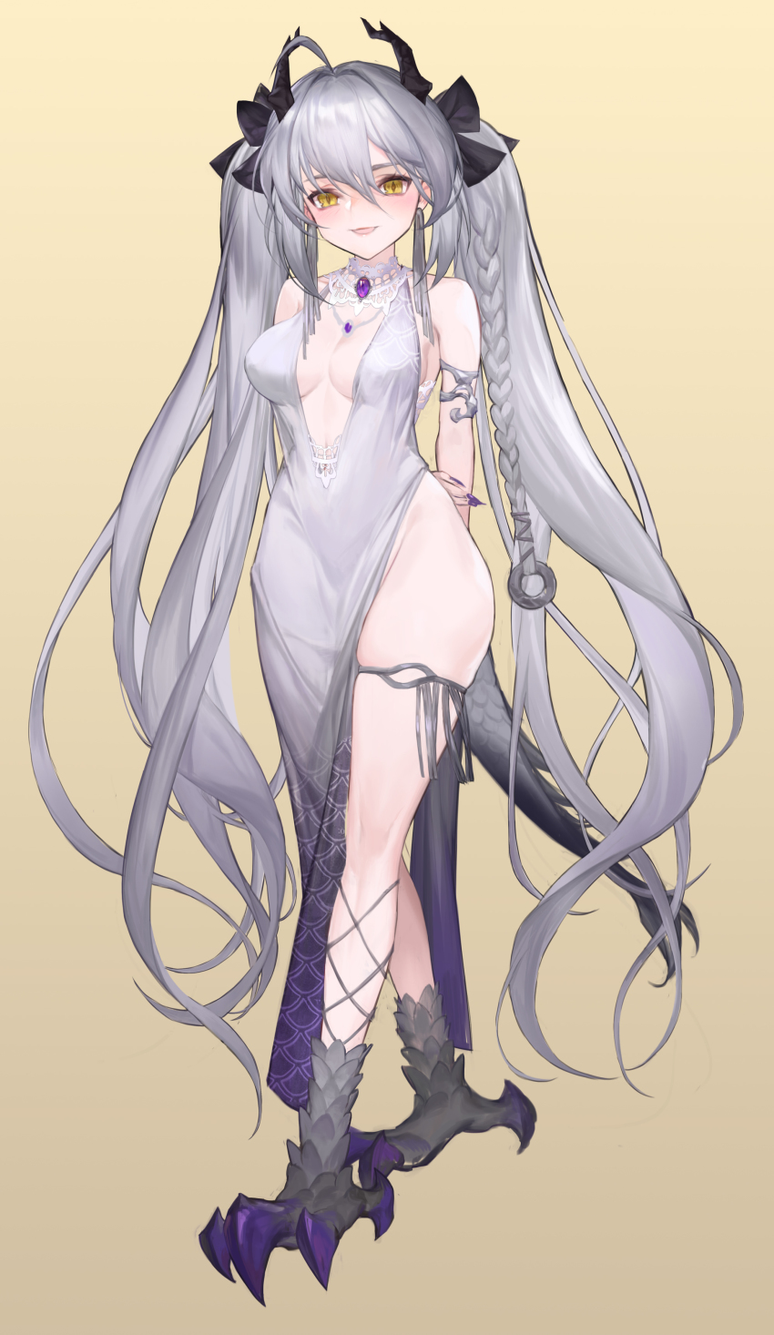 1girl, absurdres, ahoge, animal_feet, armlet, black_bow, black_horns, blush