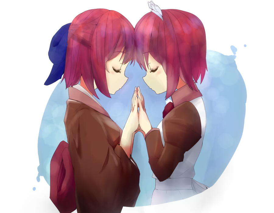 2girls, blue_bow, bow, closed_eyes, closed_mouth, from_side, hair_bow, hand_to_hand