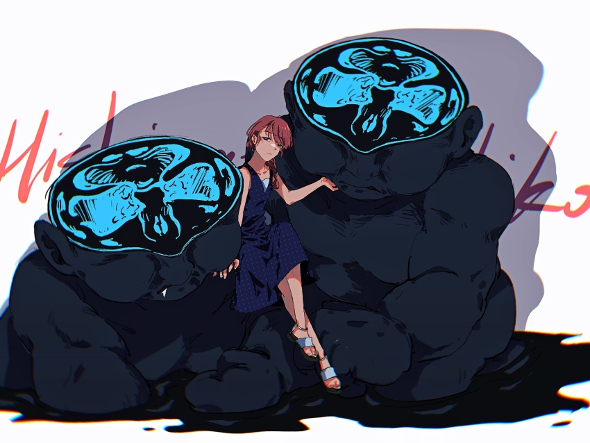 1girl, blue_dress, braid, brown_hair, chinese_commentary, chromatic_aberration, closed_mouth, commentary_request