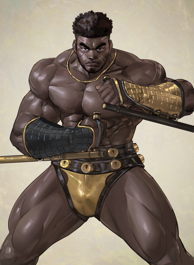 1boy, abs, bara, beard, biceps, black_eyes, black_hair, crotch_plate, dark-skinned_male, dark_skin, facial_hair, feet_out_of_frame, fighting_stance, gauntlets, jewelry, large_pectorals, leather, leather_belt, looking_at_viewer, male_focus, manly, mature_male, messy_hair, muscular, muscular_arms, muscular_legs, muscular_male, necklace, nipples, no_pants, original, pectorals, scar, scar_on_face, simple_background, solo, thick_eyebrows, thighs, tonfa, tooboshoo, topless_male, weapon