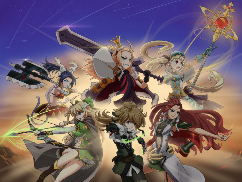 1boy, 5girls, achates_(epic_seven), achates_ururuda, animal_ears, aramintha_(epic_seven), arrow_(projectile), axe