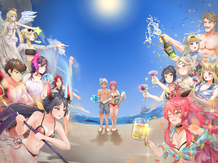 4boys, 6+girls, absurdres, alexa_(epic_seven), angel_of_light_angelica_(epic_seven), apocalypse_ravi_(epic_seven), arkasus, beach