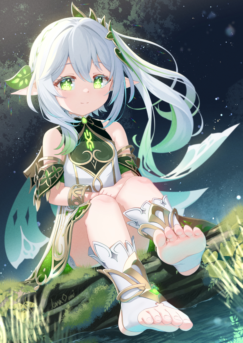 1girl, bracelet, dress, feet, genshin_impact, green_eyes, highres, jewelry, kana_ami, long_hair, nahida_(genshin_impact), night, outdoors, pointy_ears, side_ponytail, sitting, sky, sleeveless, sleeveless_dress, smile, socks, soles, solo, star_(sky), toeless_footwear, toes, white_dress, white_hair