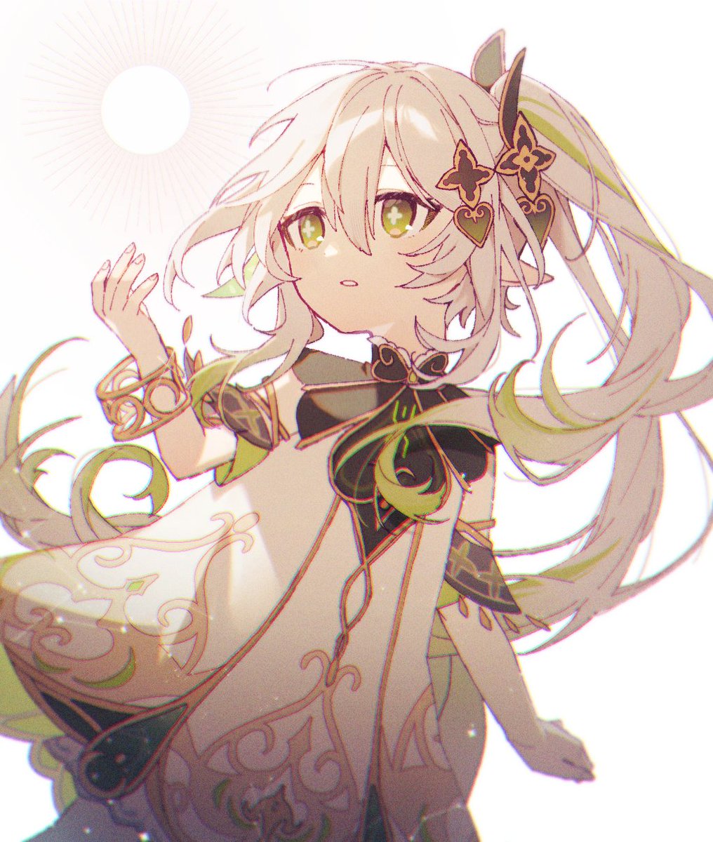 1girl, anetu_u107, bracelet, genshin_impact, green_eyes, hair_ornament, highres, jewelry