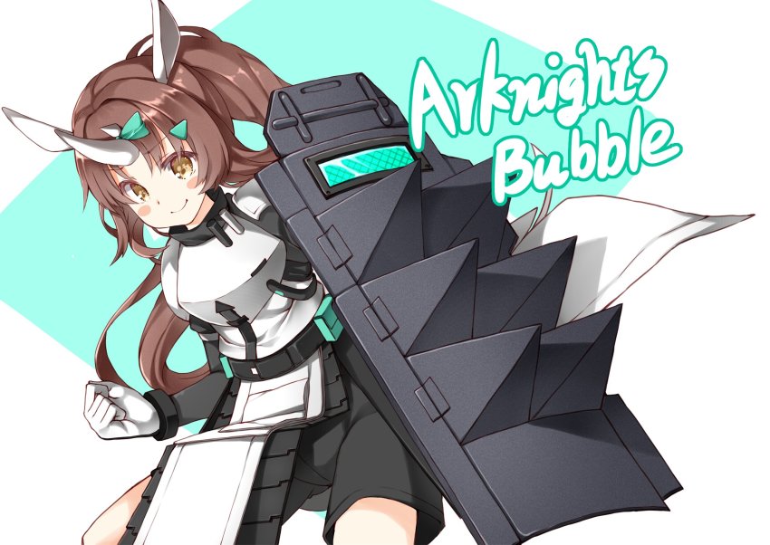 1girl, animal_ears, arknights, armor, artist_request, blush_stickers, brown_hair, bubble_(arknights)