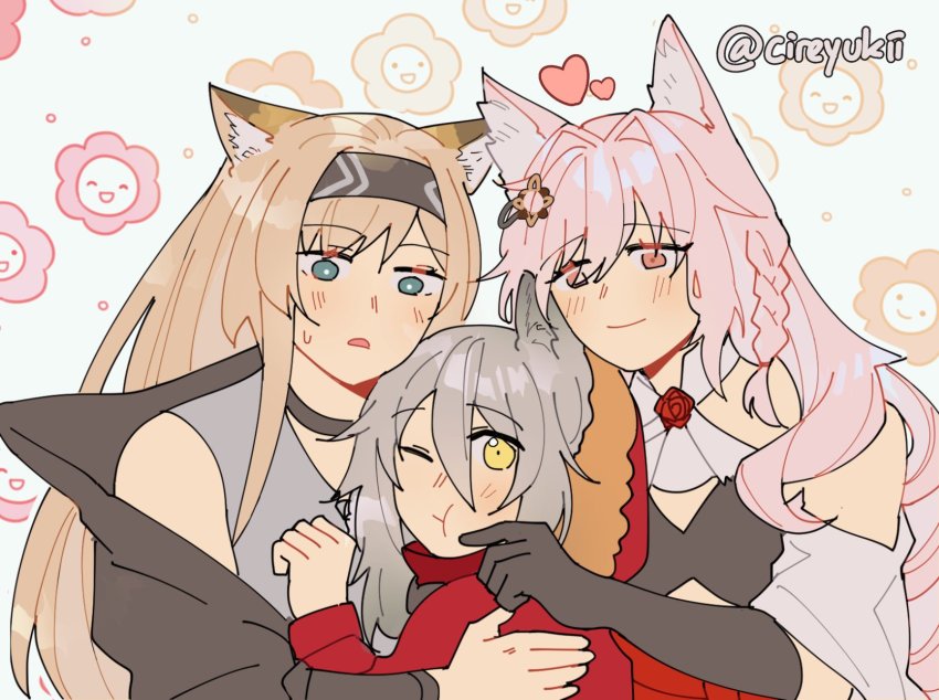 3girls, ;t, animal_ears, arknights, bare_shoulders, black_gloves, black_hairband, black_jacket