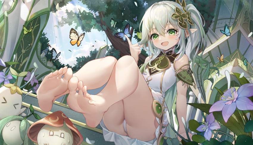 >_<, 1girl, :d, absurdres, armlet, bare_arms, bare_legs, barefoot