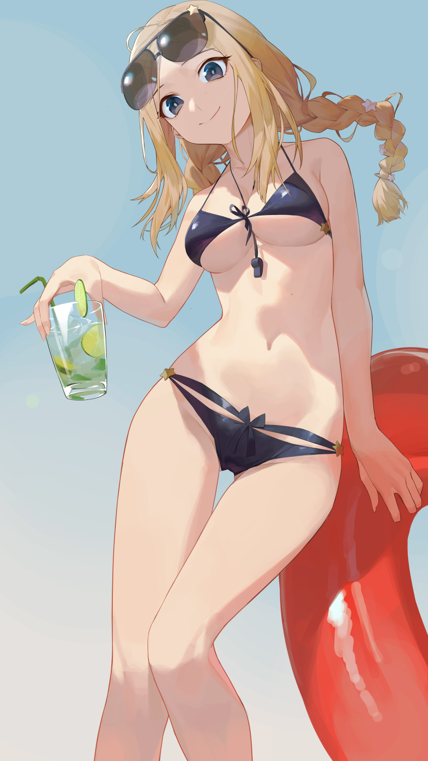1girl, absurdres, bare_arms, bare_shoulders, bikini, black_bikini, blonde_hair, blue_sky
