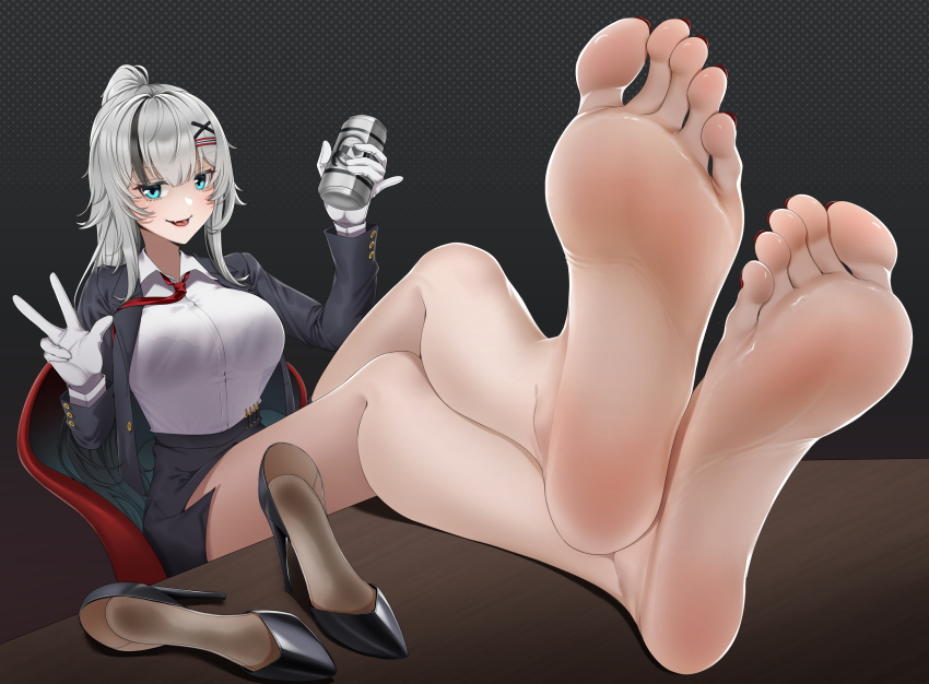 1girl, absurdres, barefoot, beer_can, black_shoes, blue_eyes, c14_(girls'_frontline), can, chair, drink_can, feet, girls'_frontline, highres, long_hair, looking_at_viewer, open_mouth, ponytail, shoes, silver_hair, sitting, soles, table, toes, tsa, unworn_shoes