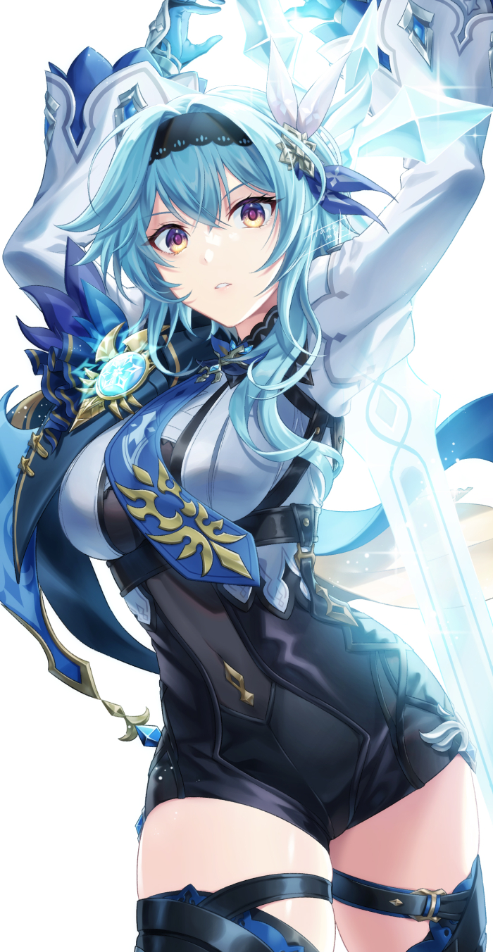 1girl, aqua_hair, arms_up, asymmetrical_hair, belt, black_belt, black_gloves, black_hairband, black_leotard, black_thighhighs, blue_necktie, cowboy_shot, crop_top, cropped_shirt, crossed_bangs, eula_(genshin_impact), expressionless, genshin_impact, gloves, gradient_eyes, hair_ribbon, hairband, highres, kamuinii, leotard, long_sleeves, looking_at_viewer, medium_hair, multicolored_eyes, necktie, parted_lips, purple_eyes, ribbon, shirt, sidelocks, skindentation, solo, thigh_strap, thighhighs, thighs, vision_(genshin_impact), white_shirt