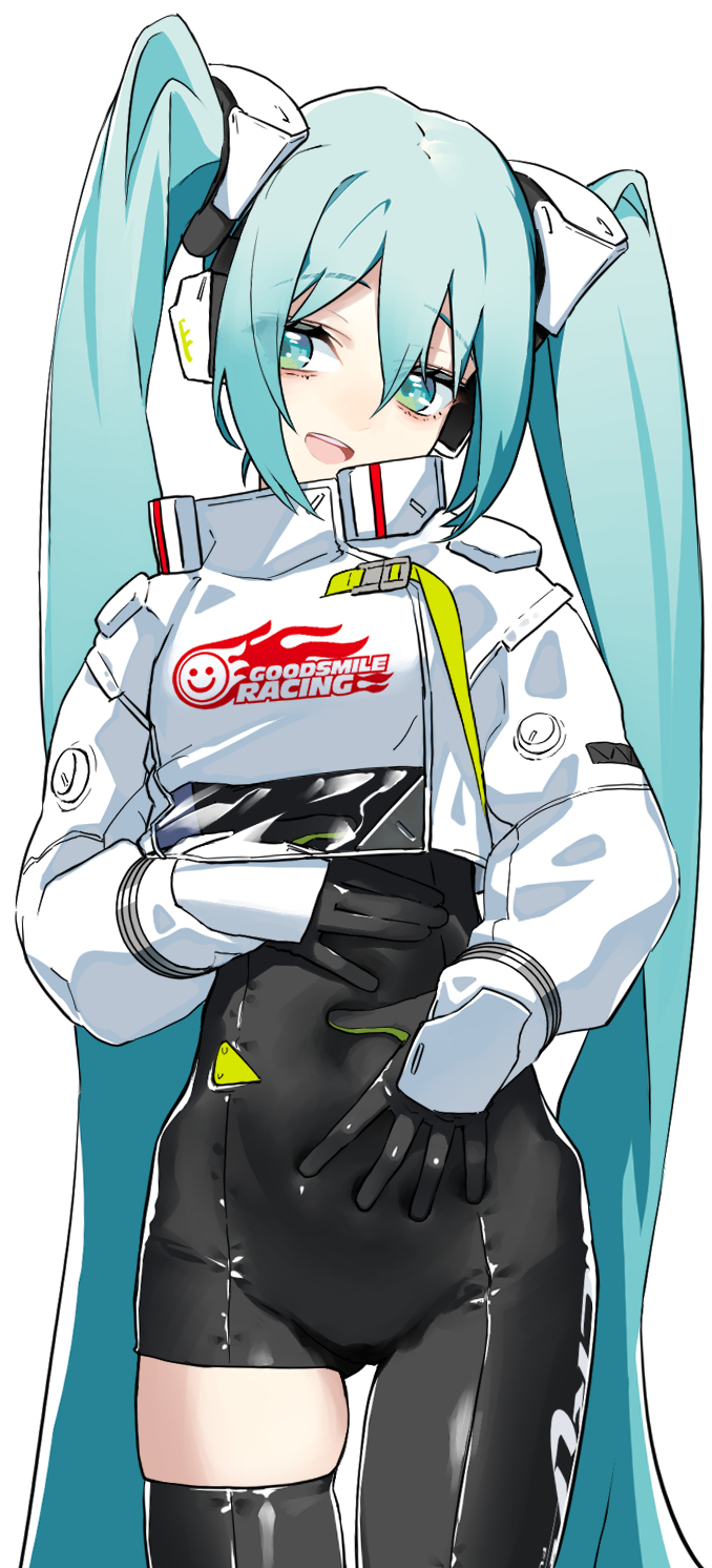 1girl, aqua_eyes, aqua_hair, black_gloves, closed_navel, cropped_jacket, gloves, goodsmile_company, goodsmile_racing, hand_on_own_stomach, hatsune_miku, headgear, headphones, highres, jacket, logo, long_hair, open_mouth, race_queen, racing_miku, racing_miku_(2022), rsk_(tbhono), single_thighhigh, solo, thighhighs, twintails, very_long_hair, vocaloid, white_jacket