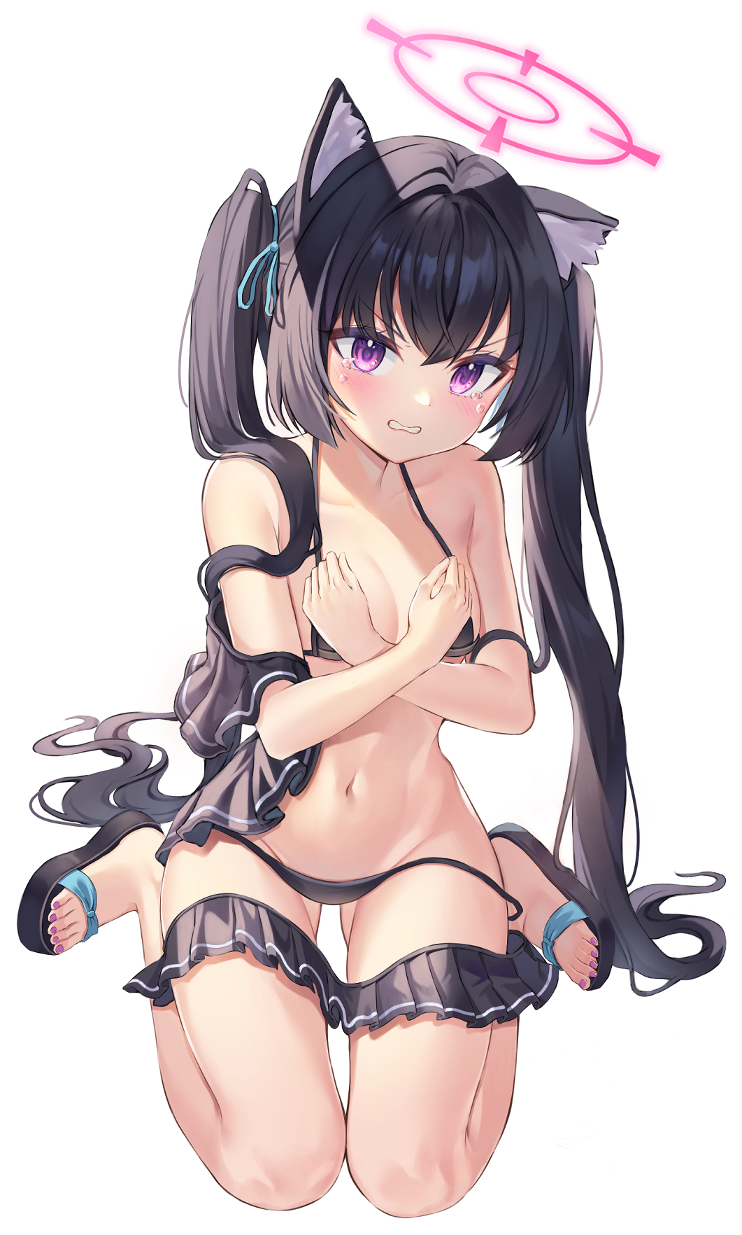 1girl, animal_ear_fluff, animal_ears, bare_shoulders, bikini, bikini_pull, bikini_skirt, black_bikini