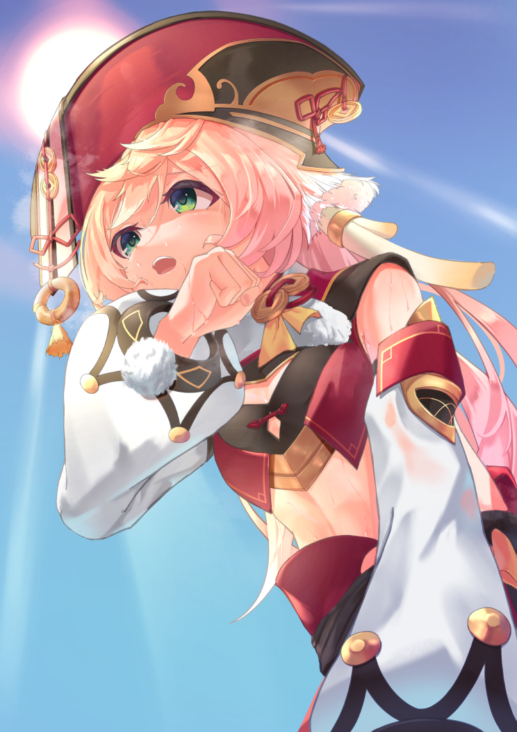 1girl, bare_shoulders, blue_sky, commentary_request, crop_top, day, detached_sleeves, genshin_impact