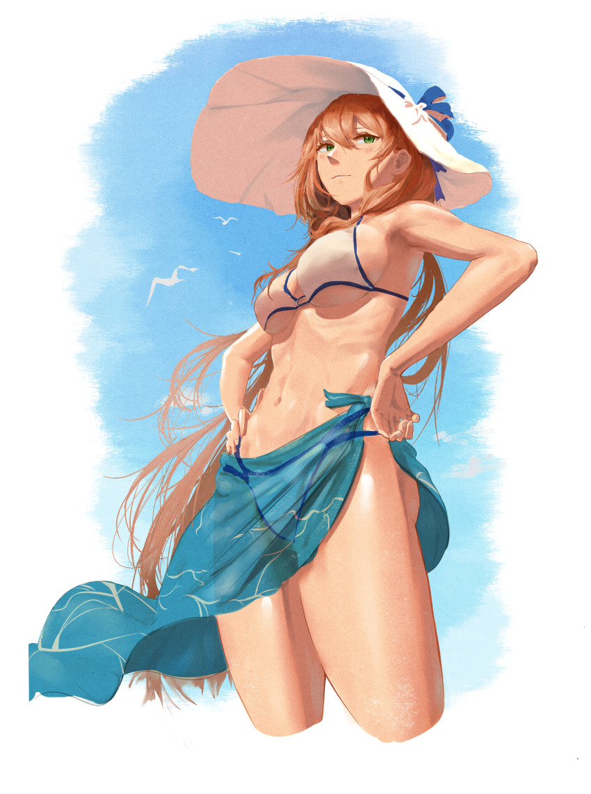 1girl, absurdres, bikini, bird, blue_ribbon, blue_sky, breasts, closed_mouth