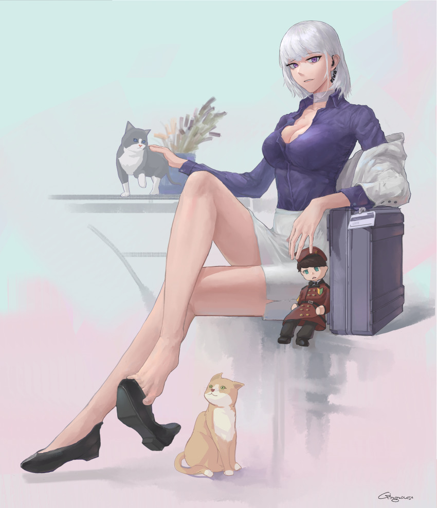 1boy, 1girl, absurdres, alternate_costume, artist_name, bandaged_neck, bandages, bare_legs, black_footwear, breasts, case, cat, character_doll, cleavage, clothes_pull, collarbone, commander_(girls'_frontline), commentary, crossed_legs, defy_(girls'_frontline), doll, earpiece, english_commentary, full_body, gblamgo, girls'_frontline, grey_cat, griffin_&amp;_kryuger_military_uniform, highres, id_card, jacket, jacket_pull, legs, light_smile, long_sleeves, looking_at_viewer, medium_breasts, open_clothes, open_jacket, open_mouth, orange_cat, parted_lips, pencil_skirt, purple_eyes, purple_shirt, rpk-16_(girls'_frontline), rpk-16_(renate)_(girls'_frontline), shading_eyes, shirt, shoe_dangle, shoes, short_hair, simple_background, sitting, skirt, table, toes, white_hair, white_jacket, white_skirt