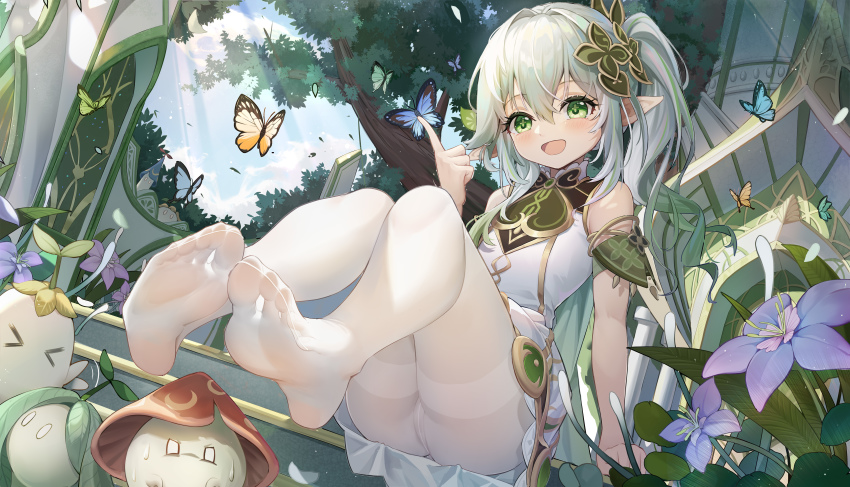>_<, 1girl, :d, absurdres, armlet, blush, bug, butterfly