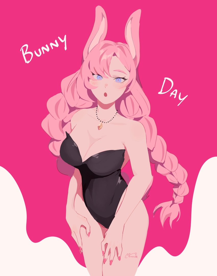 1girl, :o, absurdres, animal_ears, black_leotard, blue_eyes, braid, breasts, bunny_day, cleavage, elysia_(honkai_impact), highres, honkai_(series), honkai_impact_3rd, jewelry, leotard, long_hair, looking_at_viewer, mararu, nail_polish, necklace, open_mouth, pink_background, pink_hair, pink_nails, rabbit_ears, smile, solo, strapless, strapless_leotard, twin_braids, two-tone_background, white_background