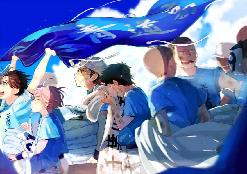 6+boys, ace_of_diamond, baseball_cap, black_hair, blue_shirt, brown_hair, cloud, dirty