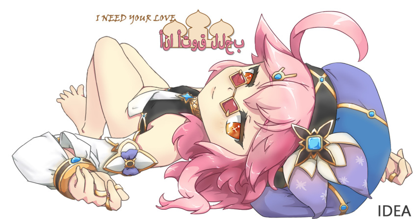 ahoge, artist_name, blue_gem, blue_headwear, bottomless, cuteidea, detached_sleeves, dori_(genshin_impact), gem, genshin_impact, hat_ornament, jewelry, looking_at_viewer, lying, multiple_rings, on_back, orange_eyes, pink_hair, red-tinted_eyewear, ring, short_hair, smile, solo, sunglasses, tinted_eyewear