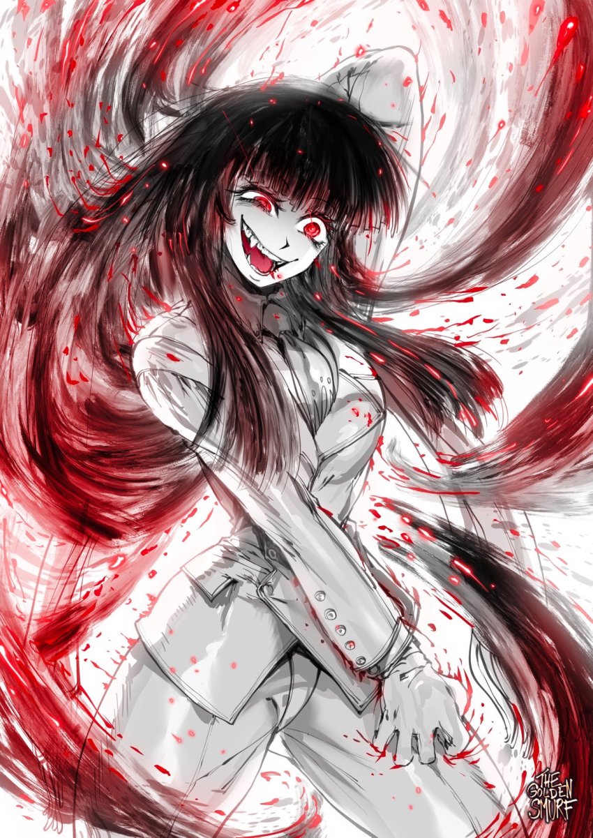 1girl, alucard_(hellsing), arm_behind_head, artist_name, cowboy_shot, crazy_smile, derivative_work, fangs