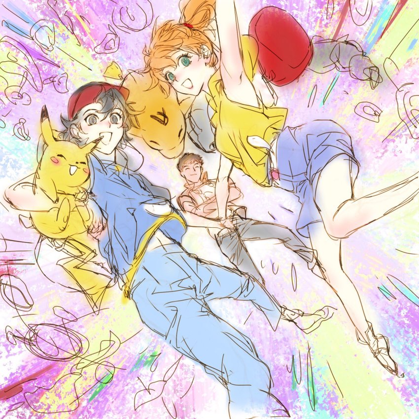 1girl, 2boys, ash_ketchum, asymmetrical_hair, black_eyes, black_hair, brock_(pokemon), brown_hair