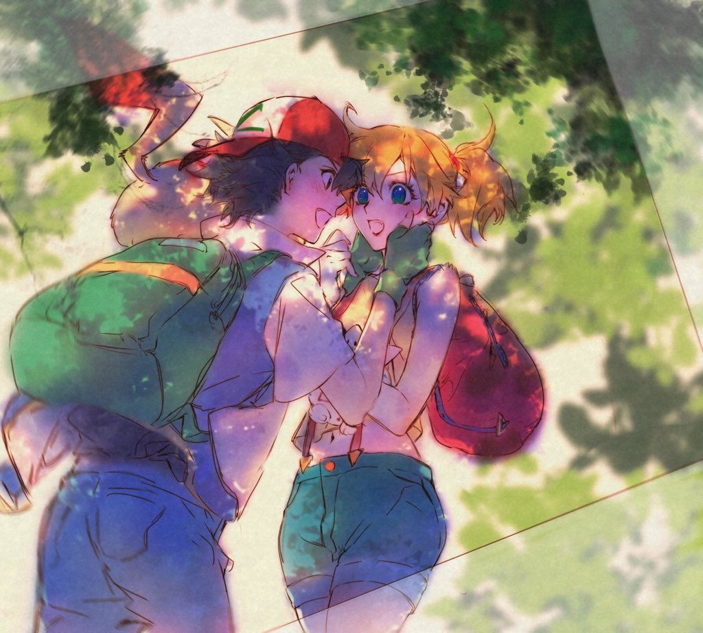 1boy, 1girl, ash_ketchum, asymmetrical_hair, backpack, bag, black_eyes, black_hair