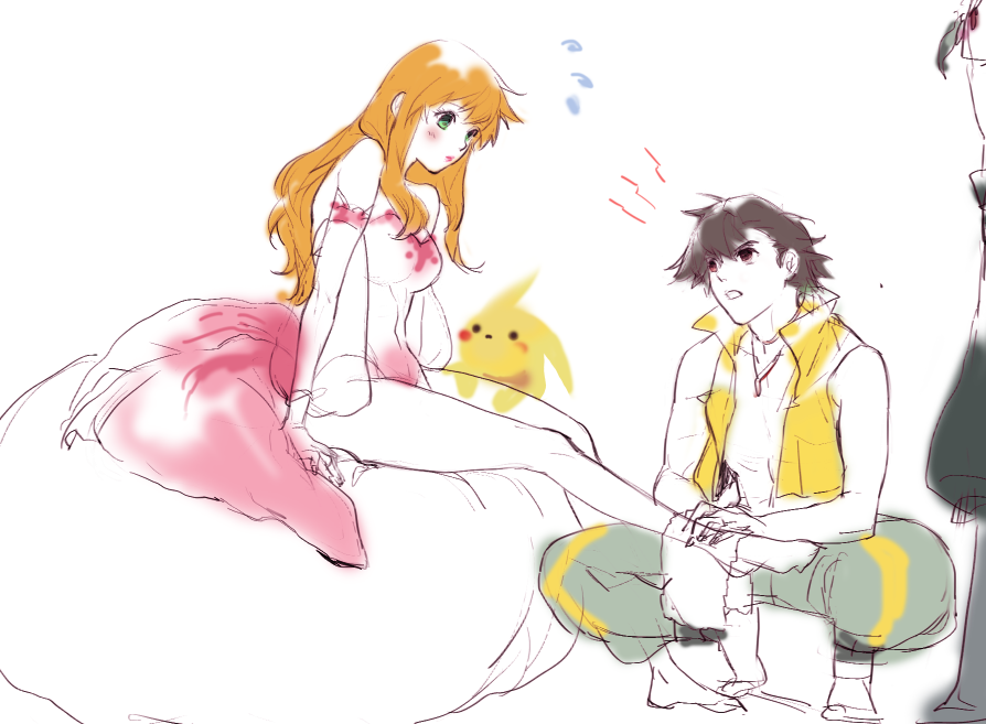 1boy, 1girl, aged_up, ash_ketchum, asymmetrical_hair, black_hair, blush, breasts