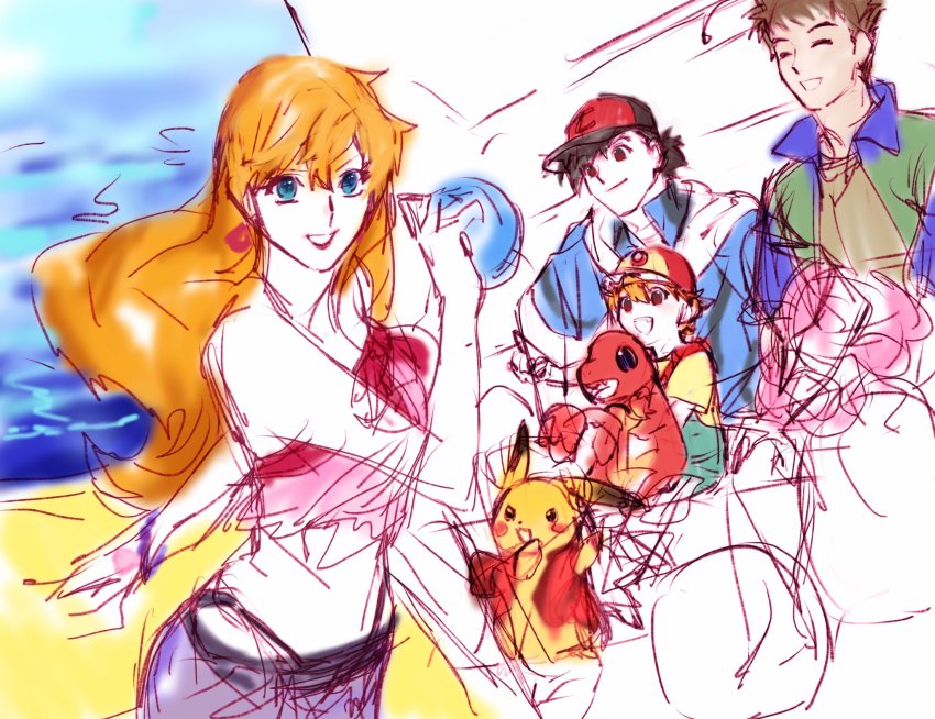 1girl, 2boys, aged_up, ash_ketchum, asymmetrical_hair, baby, bikini, black_hair, blush, breasts, brock_(pokemon), brown_hair, charmander, clefi_toi, cowboy_shot, earrings, gen_1_pokemon, green_eyes, gym_leader, hat, highres, if_they_mated, jewelry, legs, long_hair, medium_breasts, misty_(pokemon), multiple_boys, navel, nintendo, orange_hair, pikachu, pokemon, pokemon_(anime), pokemon_(classic_anime), pokemon_(creature), ponytail, shiny_skin, shirt, swimsuit, thighs, thong