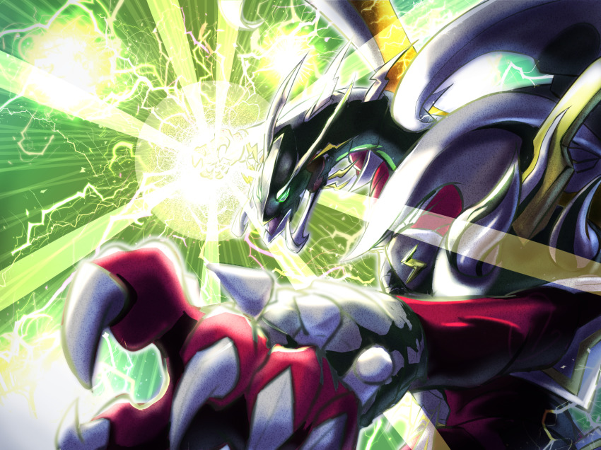 animal_focus, armed_dragon_thunder, armor, claws, dragon, duel_monster, electricity, foreshortening