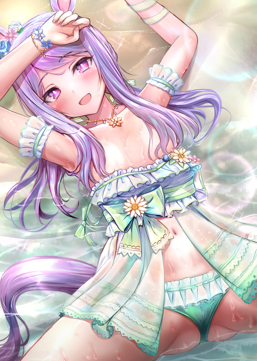 animal_ears, armpits, arms_up, bad_id, bad_pixiv_id, blush, breasts, collarbone