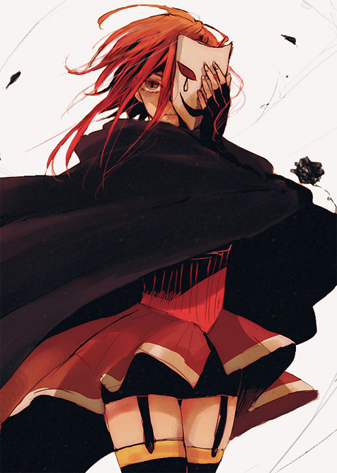 1girl, bad_id, bad_pixiv_id, cape, cloak, female_focus, fingerless_gloves, flower, garter_straps, gloves, izayoi_aki, mask, nomichuu, poko_(ame), red_hair, rose, skirt, solo, tears, thighhighs, yellow_eyes, yu-gi-oh!, yu-gi-oh!_5d's