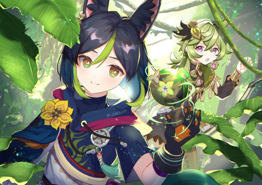 1boy, 1girl, animal_ear_fluff, animal_ears, black_gloves, collei_(genshin_impact), commentary_request, fantasy, fox_boy, fox_ears, genshin_impact, gloves, gradient_hair, green_eyes, green_hair, hair_between_eyes, highres, ina_(t_play1125), jungle, leaf, looking_at_viewer, multicolored_hair, nature, plant, purple_eyes, short_hair, streaked_hair, tighnari_(genshin_impact), vines