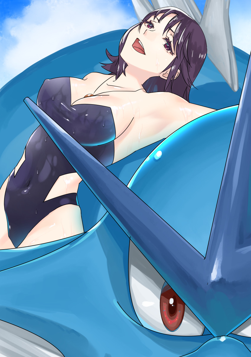 1girl, 1other, absurdres, blue_sky, breasts, cleavage, dated, dragon