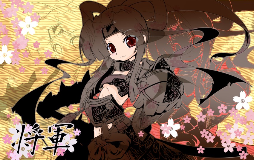 armor, atlus, black_hair, cherry_blossoms, etrian_odyssey, gauntlets, highres, katana
